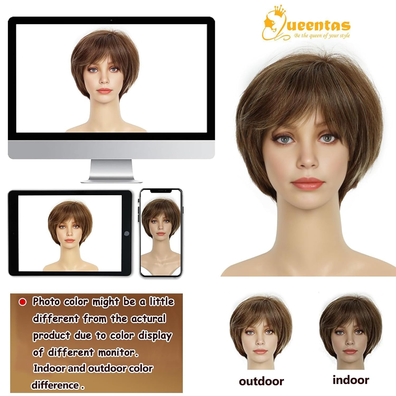 QUEENTAS Short Hair Wigs for Women Brown Bob with Bangs Pixie Cut Wig Synthetic Hair Wigs Daily Use or Cosplay (Dark Brown Highlingt Blonde)