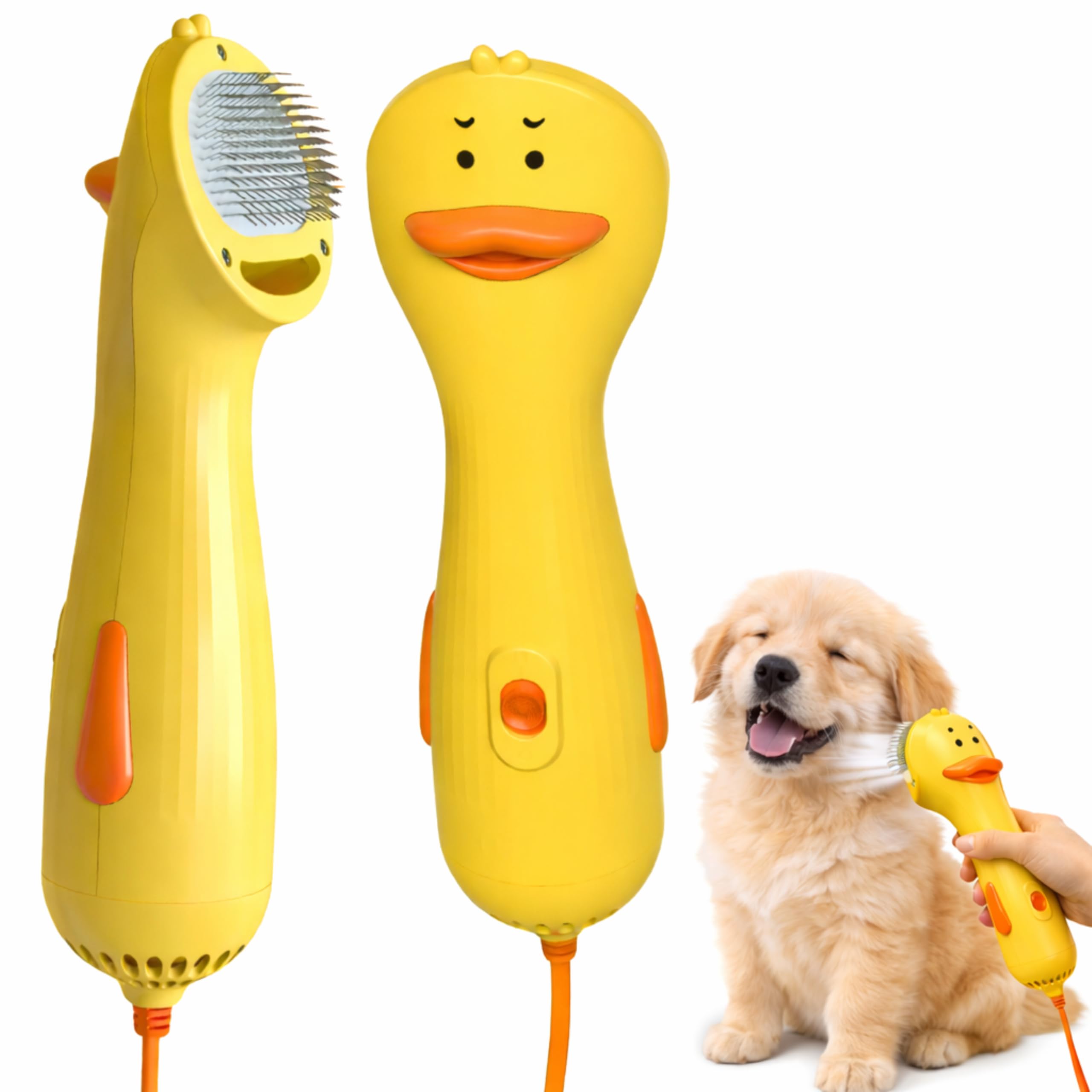 Pet Hair Dryer - Quiet Dog Blower Grooming Dryer – 2-in-1 Dog Dryer for Pet Grooming with Replaceable Slicker Brush, Compact Lightweight ABS Dogs Blower, Low Noise for Cats, Puppies & Dogs Duck Dryer