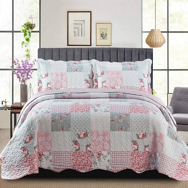 Patchwork Bedspread Box Pattern Cotton Filling Reversible Quilted Throw for Bedroom Decor - Warm Quilt Coverlets Blankets Single Bed Floral Grey Bedspread with Pillow Case