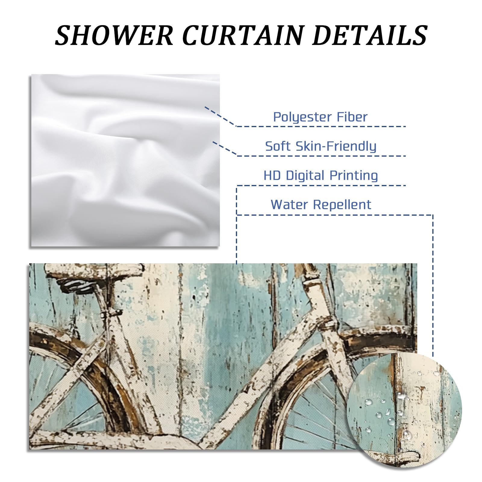 Rideau de douche vintage en tissu imperméable avec crochets pour salle de bain - Motif vélo - Bleu turquoise et blanc - 157 x 183 cm