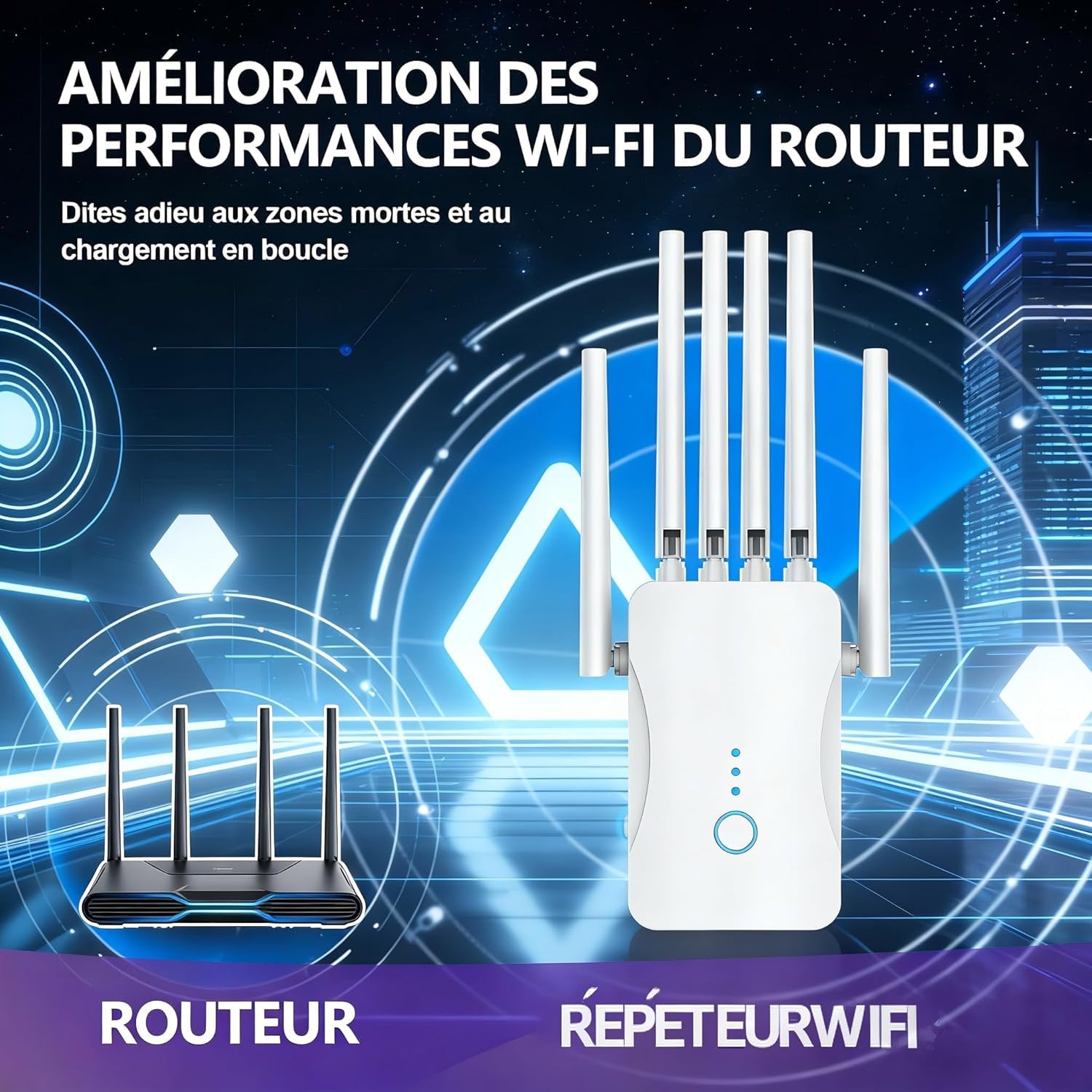 Répéteur Wi-FI 6 Antennes pour Maison et Bureau, Amplifie Le Signal Wi-FI Jusqu’à 120m²,Connexion Rapide et Stable, Idéal Streaming, Jeux en Ligne et Télétravail