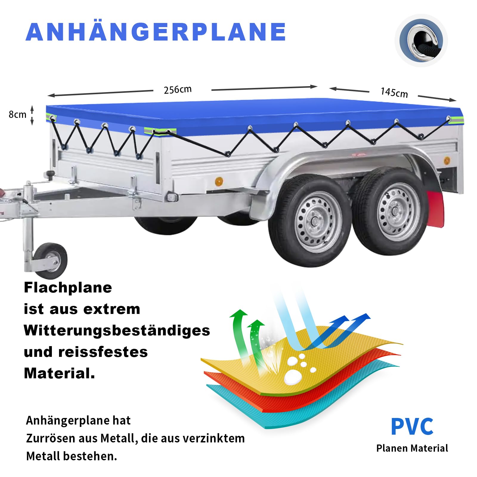 Bâche Remorque, 256x145x8cm Bache Remorque, IMPERMÉABLE Protection Plate avec Corde, Idéal pour Pongratz LPA 250/13 und 750kg/850kg/1000kg/1300kg/1500kg/2000kg 251x137cm Remorque