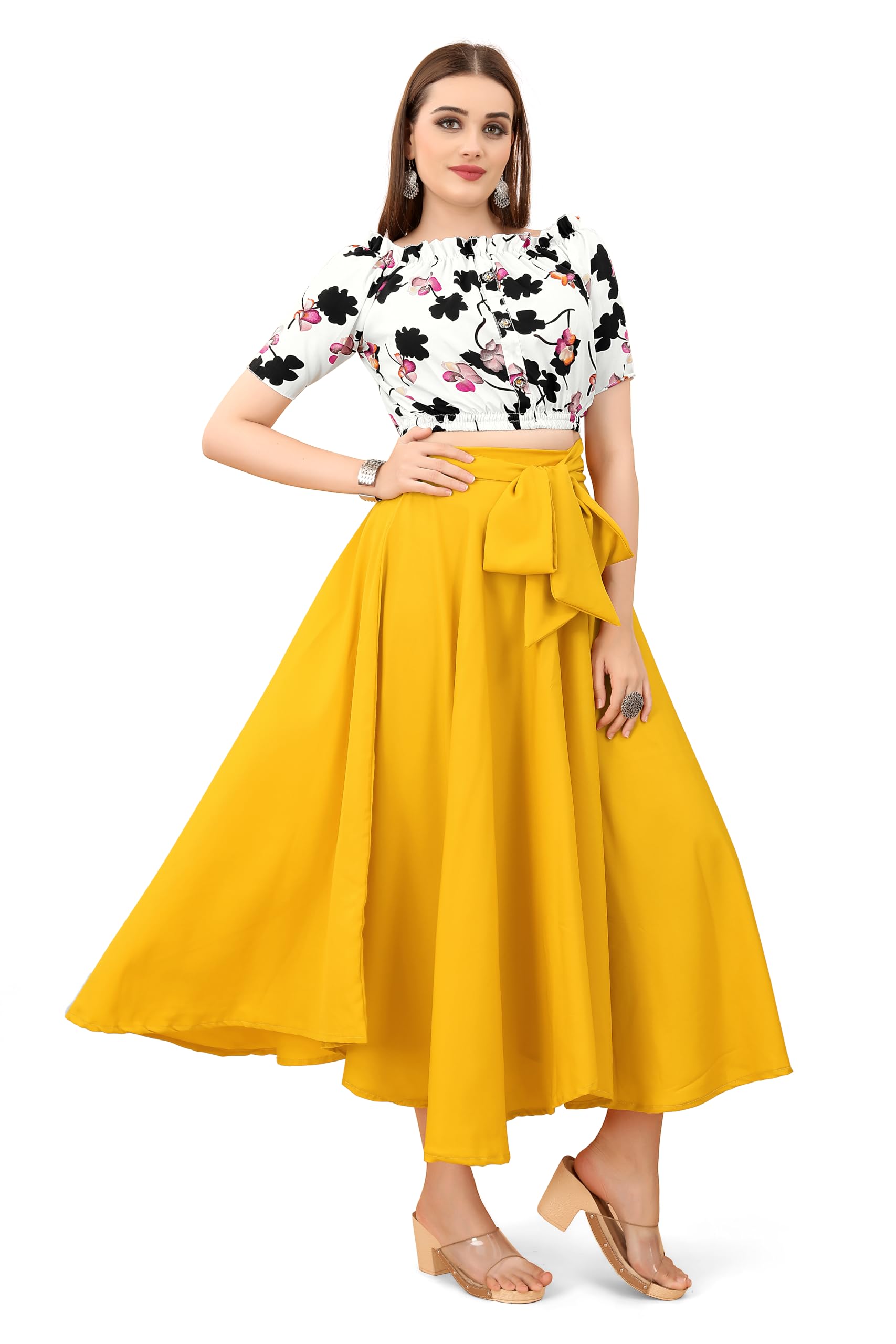 kanthir Women's Printed Crepe Boat Neck Half Sleeve Midi Ethinic Wear Top with Skirt Set (K_E_101011)