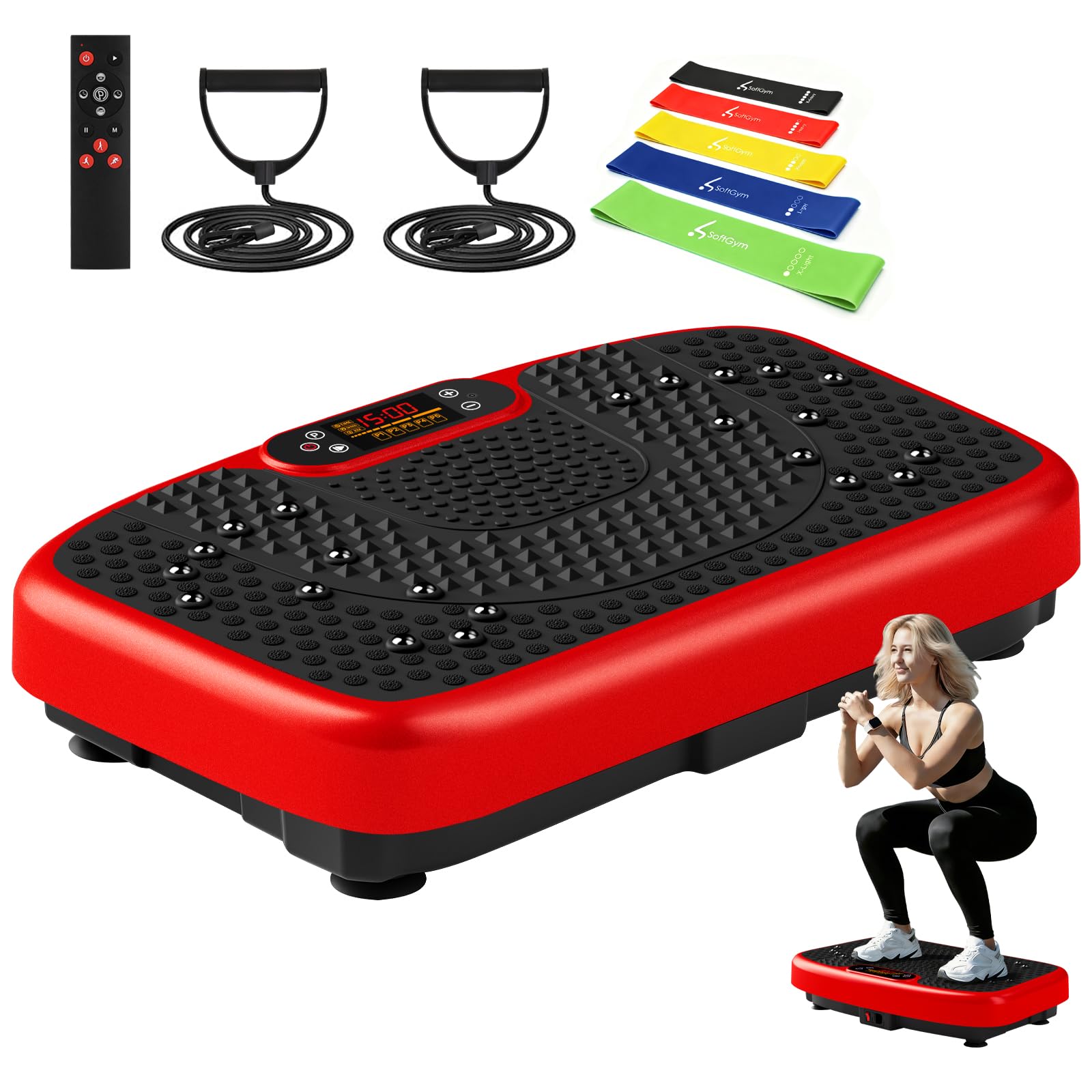 SoftGym Vibration Plate Exercise Machine for Lymphatic Drainage,Power Vibrate Stand Shake Board 450 Lbs Capacity Whole Body Workout Waver with Resistance Bands Weight Loss Gifts for Women Men-Red