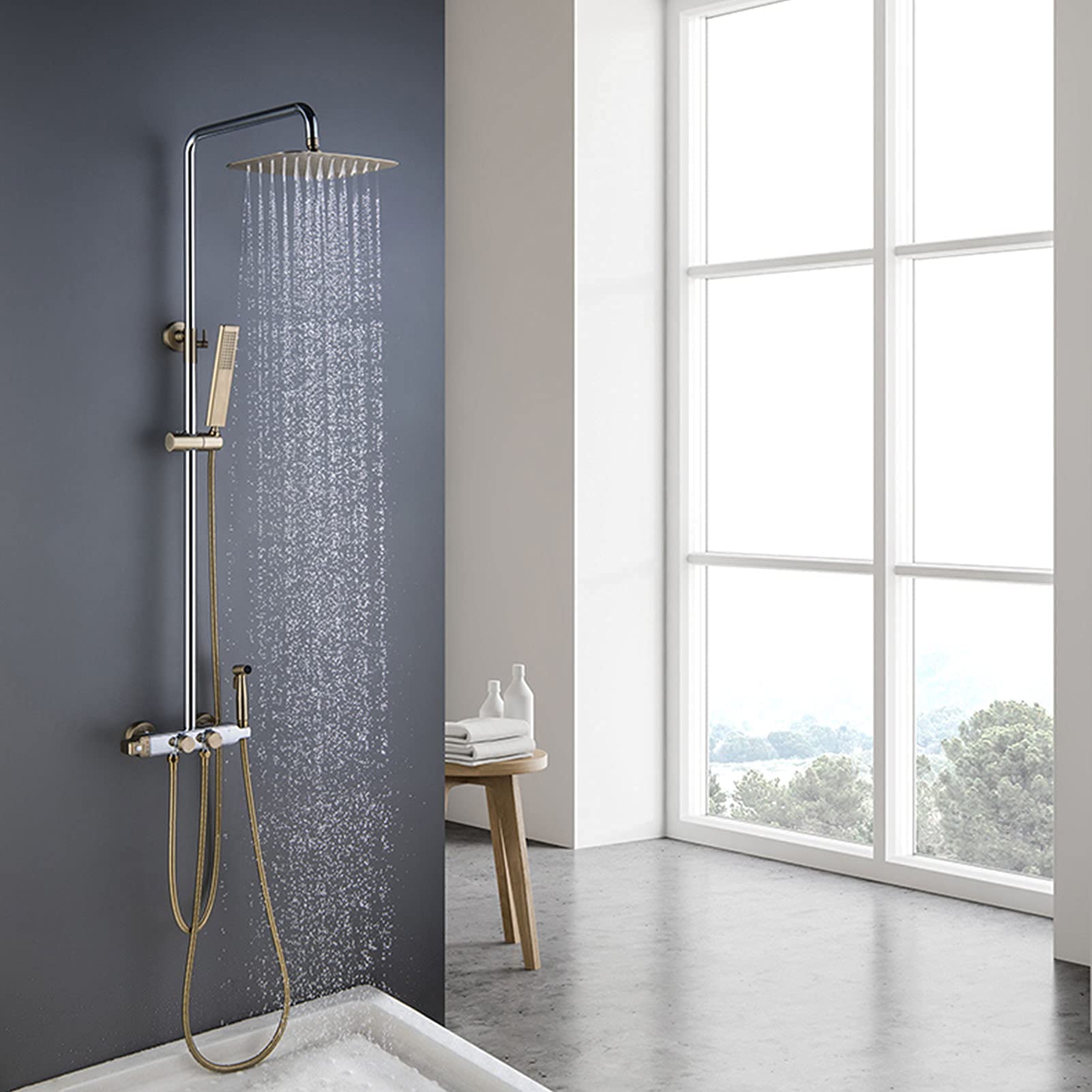 QUSYZD Shower Faucet Set, Luxury Rainfall Shower Head with Handheld Spray, Bidet Sprayer, Wall Mounted Thermostatic Bathtub Faucet Set, Solid Brass,Gray,Chrome Gold,Chrome Gold