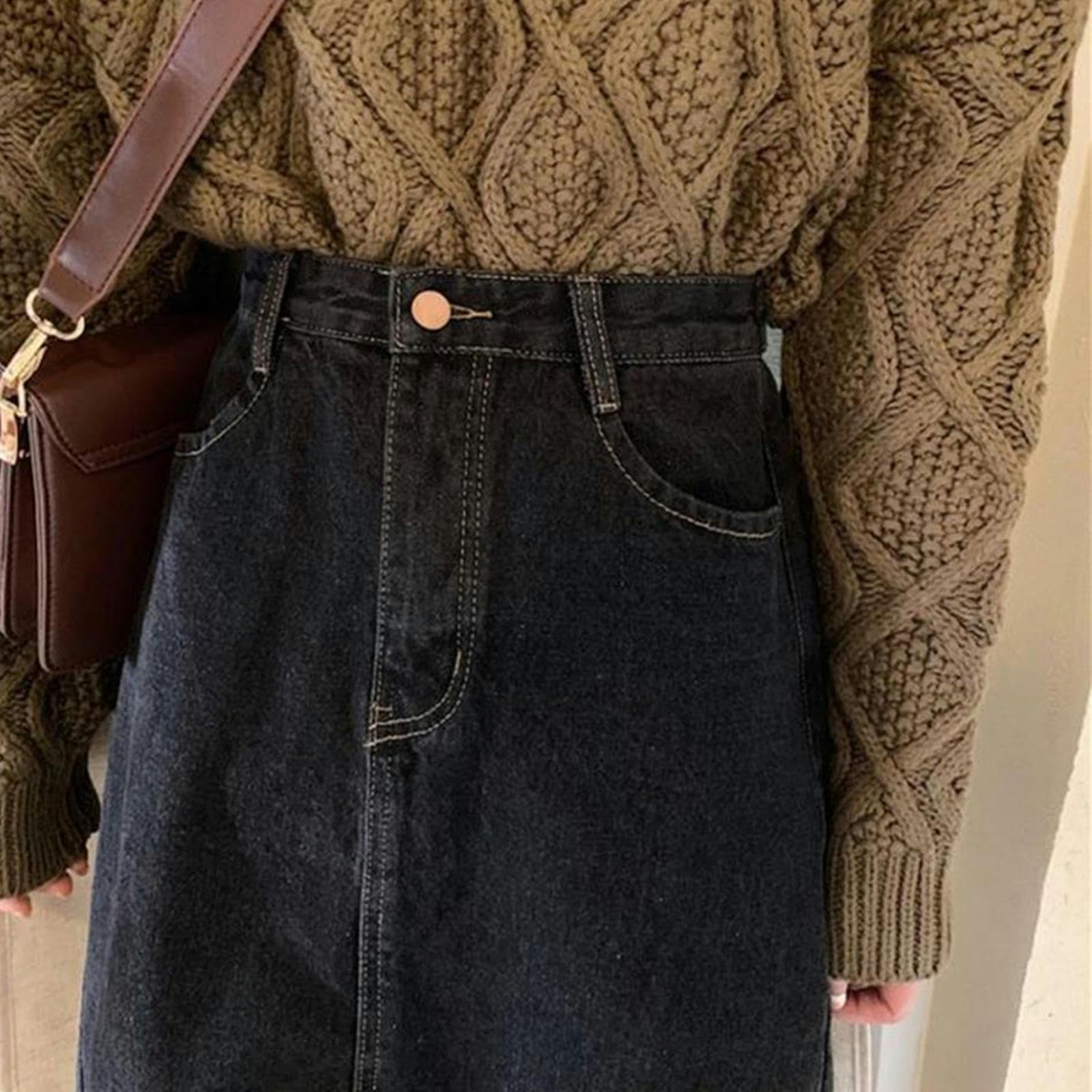 TEidea Spódnice damskie, klasyczna, z wysokim stanem, dżinsowa spódnica midi dla kobiet, ponadczasowa, inspirowana stylem vintage