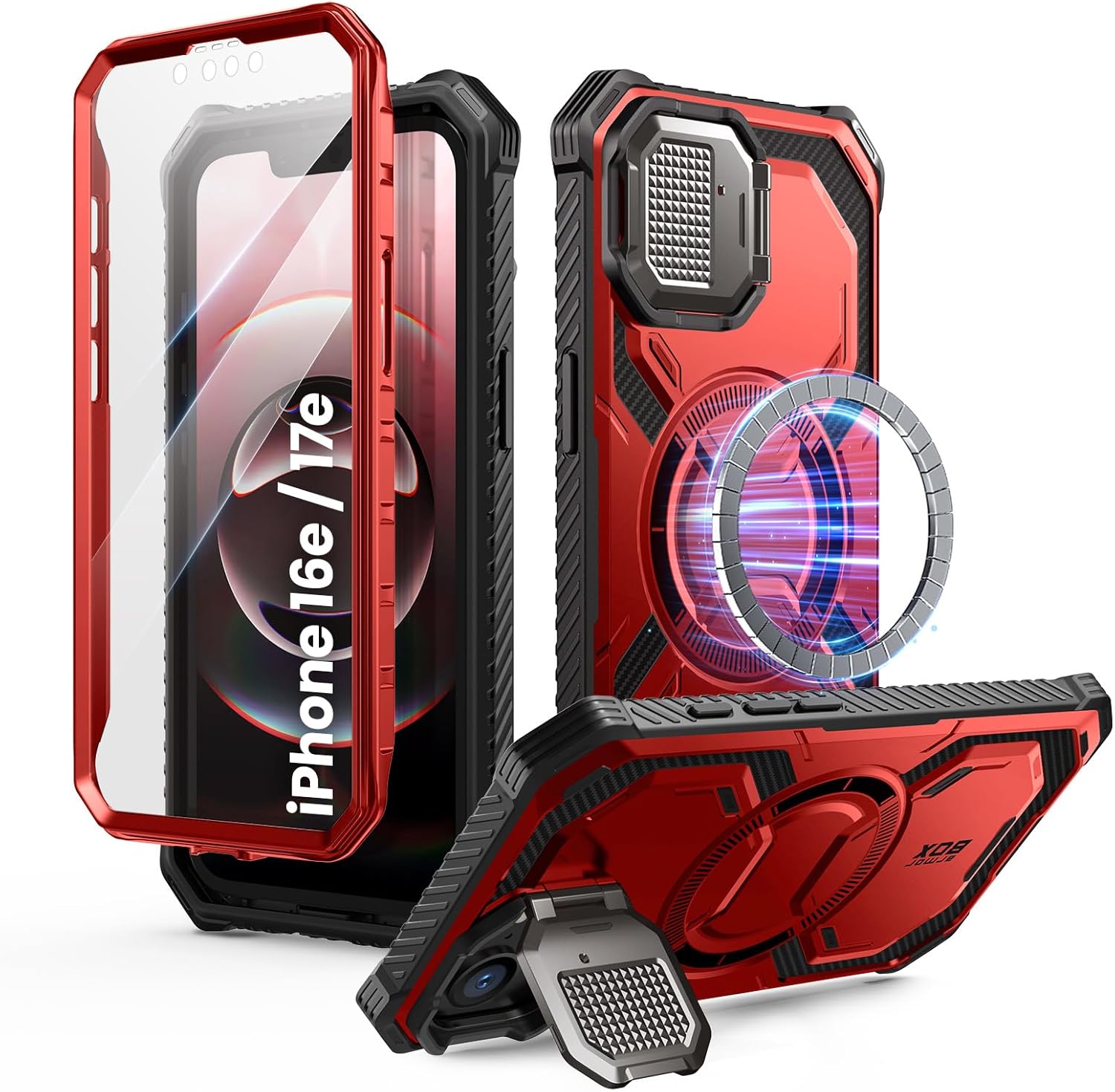 i-Blason for iPhone 16e / iPhone 17e Case MagSafe with Adjustable Camera Cover Stand, Built-in Screen Protector, Full-Body Heavy Duty Military-Grade Protection Rugged Magnetic Phone Case, Red