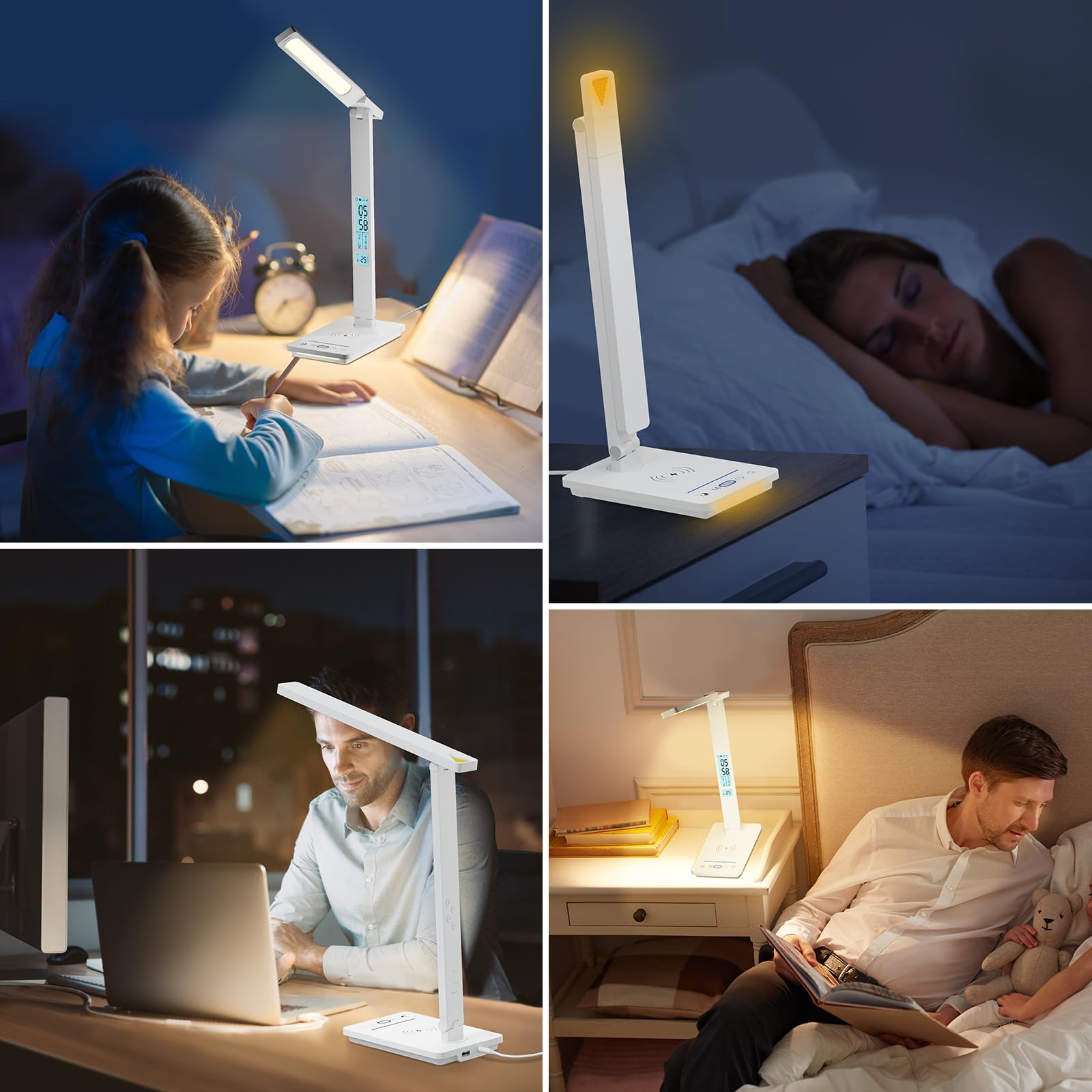 Lampada da Scrivania LED Tavolo Touch Control 3 Modalità 5 Livelli Luminosità Wireless USB Ricaricabile Telefono Luce Lettura Cameretta Ufficio LCD Calendario Temperatura Sveglia (5 Colore Bianca)