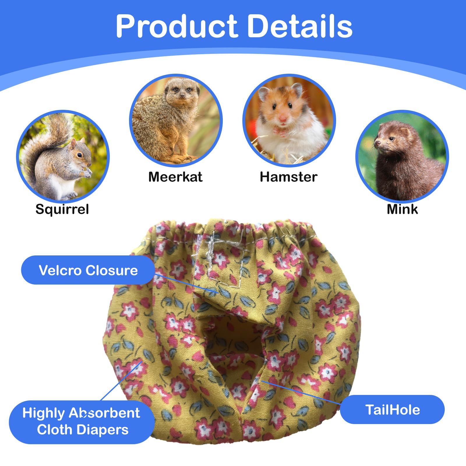 2PCS Small Pet Diapers,Adjustable Sugar Glider Diapers Climbing Diapers,Washable,Specially Designed for Use on Pet Squirrels Small Medium Guinea Pig. (Floral - Image 4