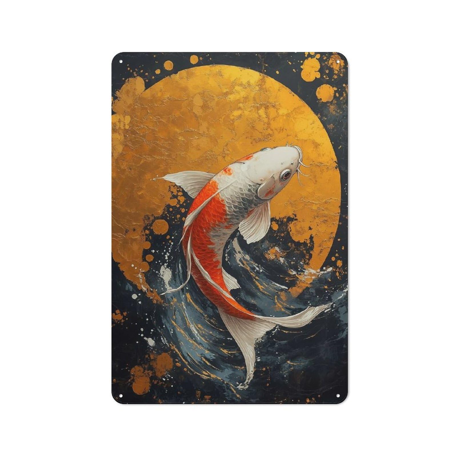 Junmoney Style-17 Vintage Metal Sign 30X20cm Featuring Koi Fish And Golden Moon Art For Pub Or Café, Wall Decor For People Reorganising Pub And Café