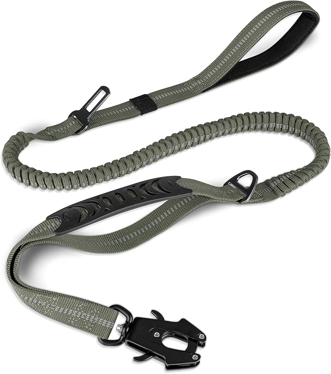 Joytale Tactical Dog Leash Heavy Duty, 4-6FT Shock Absorbing Bungee Lead with 2 Padded Handle, Metal Carabiner Clip, Car Seatbelt, Strong No Pull Leash for Medium Large X-Large Dogs, Coyote Brown