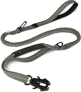 Joytale Taktische Hundeleine, 1.2m-1.8m Bungee Hundeleine Reflektierend mit 2 Gepolsterten Griffen, Autosicherheitsgurt, Leine Hund ohne Zugkraft für Mittelgroße, Große, X-Große Hunde, Armee Grün