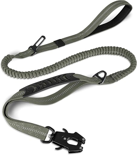 Joytale Tactical Dog Leash Heavy Duty, 4-6FT Shock Absorbing Bungee Lead with 2 Padded Handle, Metal Carabiner Clip, Car Seatbelt, Strong No Pull Leash for Medium Large X-Large Dogs, Army Green