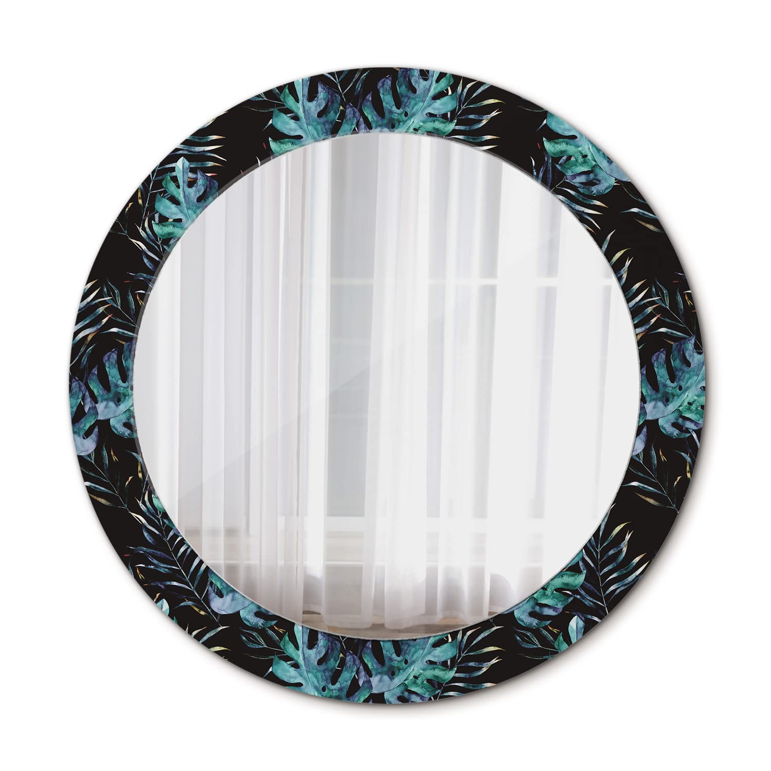 Miroir bricolage interieur rond Ø70 cm avec motif feuilles exotiques pour decorer sans percer de cadre