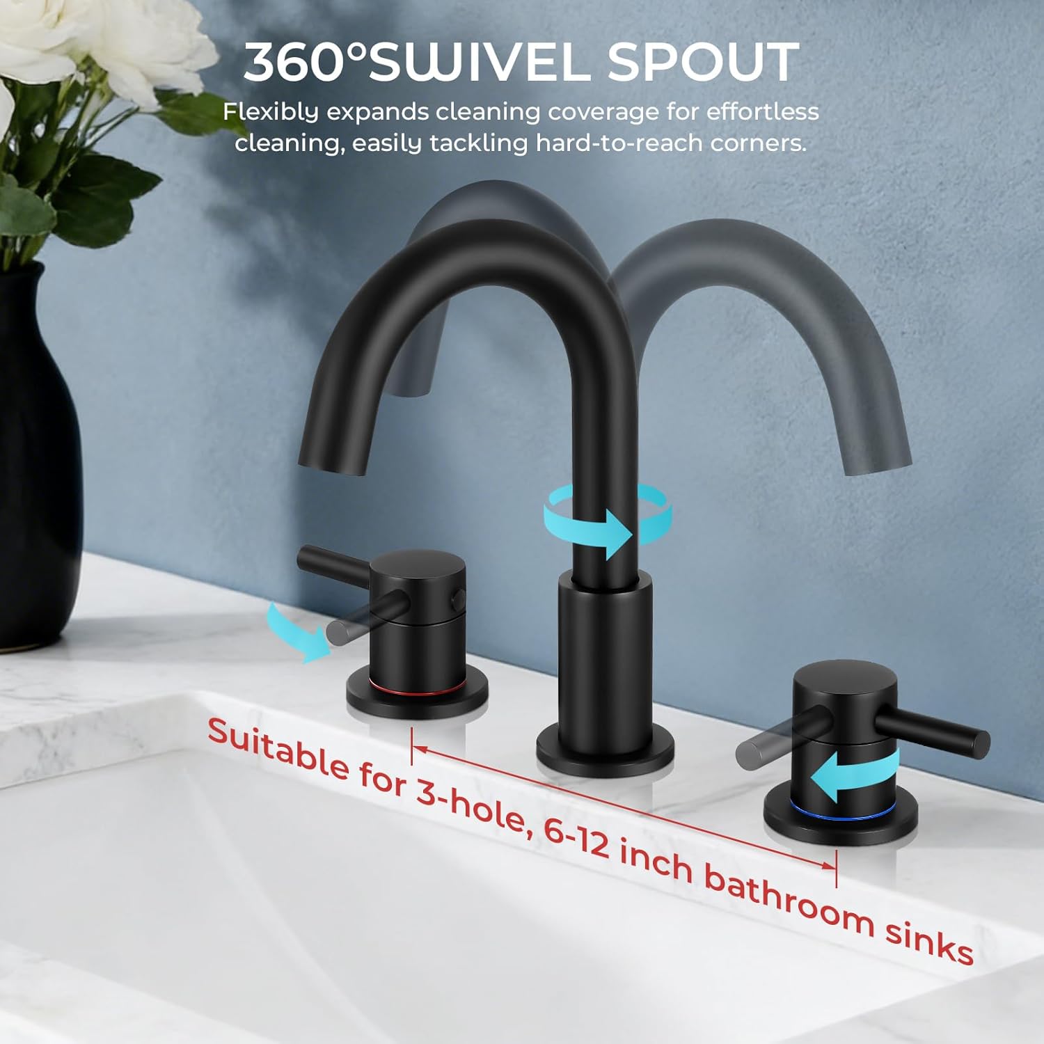 FGKQ Black Bathroom Faucet for Sink 3 Hole, Bathroom Sink Faucet with Pop Up Drain, 8 Inch Widespread Vanity Faucet 3 Hole, 360° Swivel Two Handle with Supply Lines - Image 3