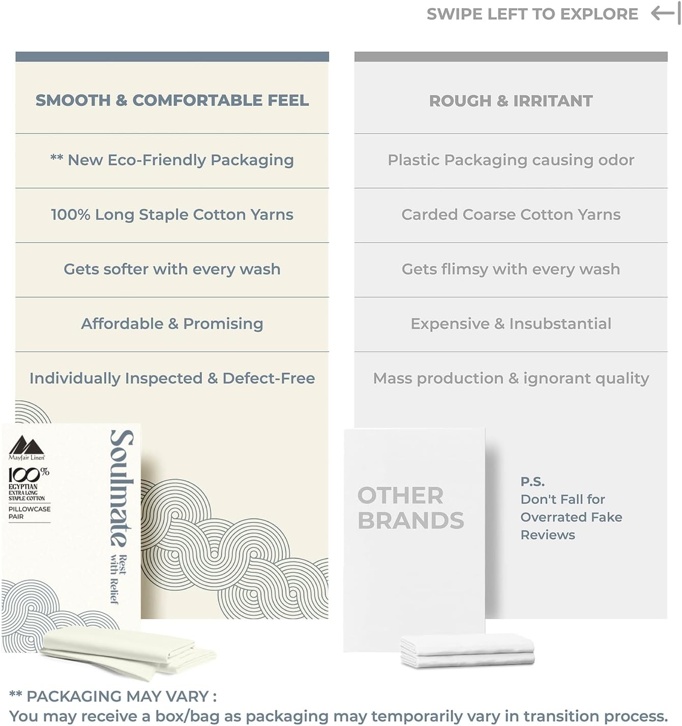 Mayfair Linen 100% Egyptian Cotton Pillow Cases Queen Size Set of 4 - Luxury 500 Series Soulmate Collection Cotton Pillowcases (Ivory, 2 Pair), Soft, Cooling & Breathable Standard Size Pillow Case