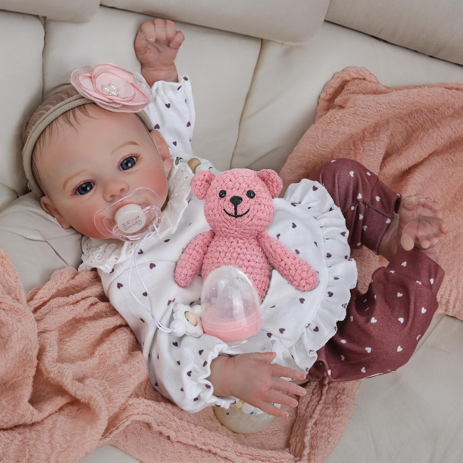 Reborn Baby Realistic Doll 18 Inch Full Body Silicone Lifelike Newborn Girl with Handmade Details, Anatomically Correct, Includes Pacifier, Teddy Bear, Bottle and Outfit