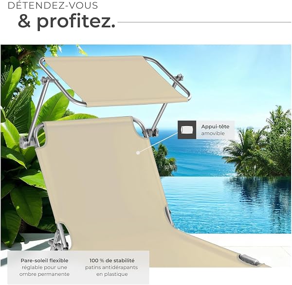 tectake® Set de 2 Chaise Longue Pliante Bain de Soleil Exterieur avec Pare Soleil & Appuie-tête Chaise Longue inclinable Transat de Plage Relax Jardin Camping Salon de Jardin Exterieur - Beige - 5