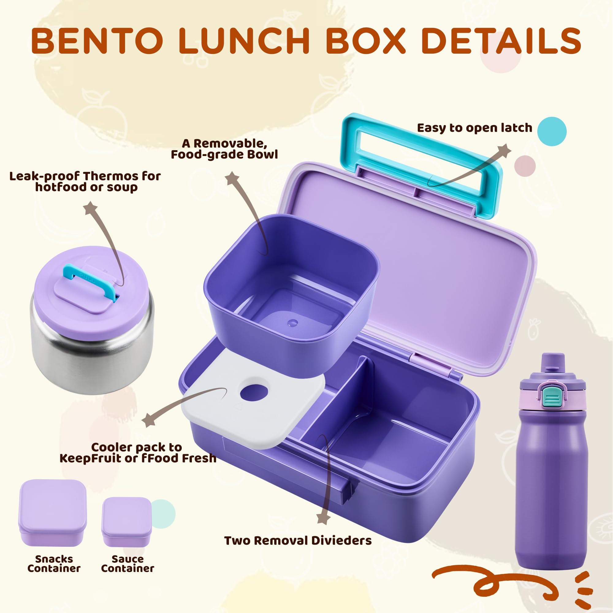 Maison HUIS Boîte à bento pour enfants avec thermos à soupe de 236,8 g, sac à déjeuner isotherme et bouteille d'eau de 500 ml, boîte à bento à 2 compartiments avec poche de glace intégrée, étanche et