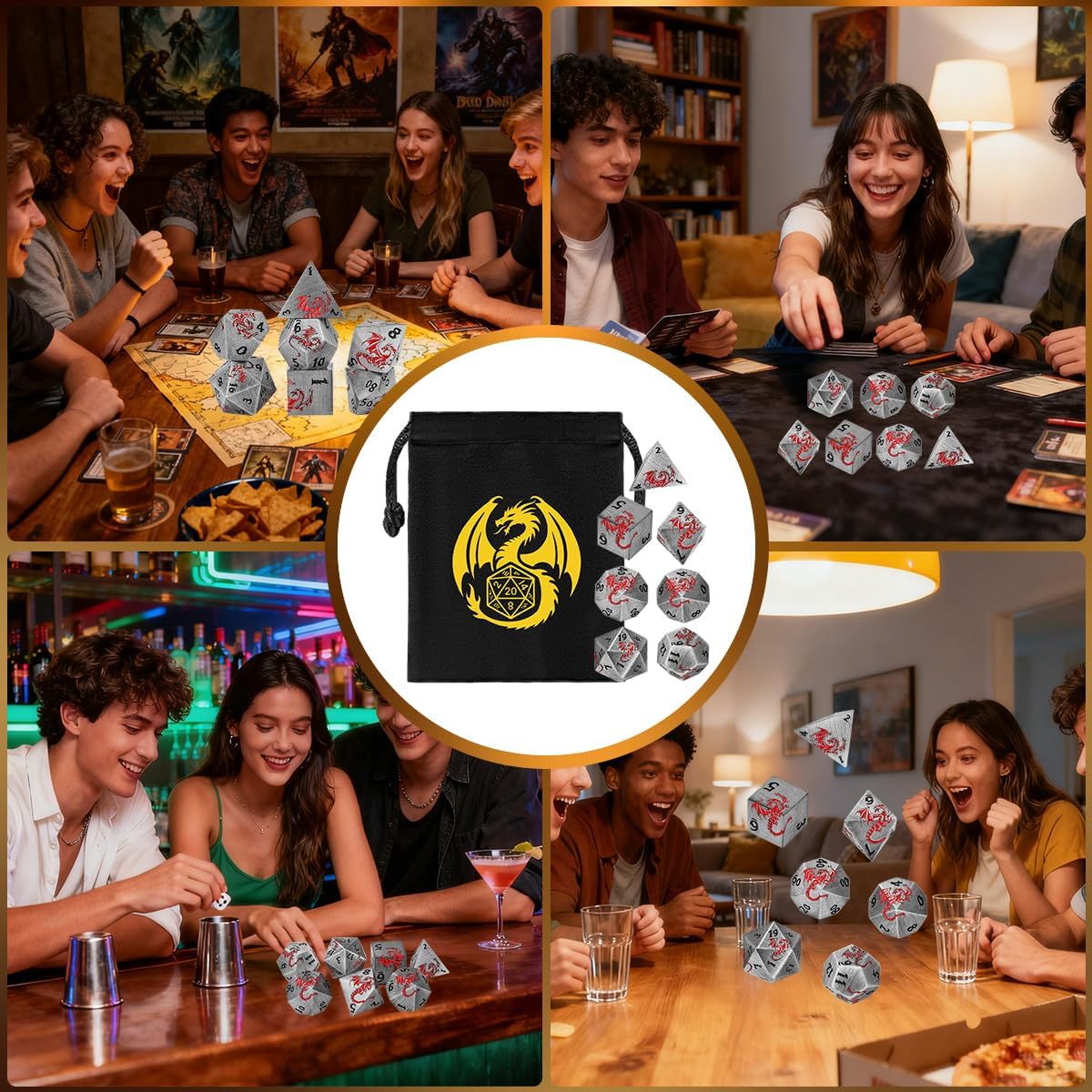 DND Dice Set, Metal 7pcs Polyhedral Dragon Theme Dice, D&D Starter Set, Role Playing Board Games Accessories, DND Gifts with Dragon Bag, Fantasy Game Gift for Men Women, Silver