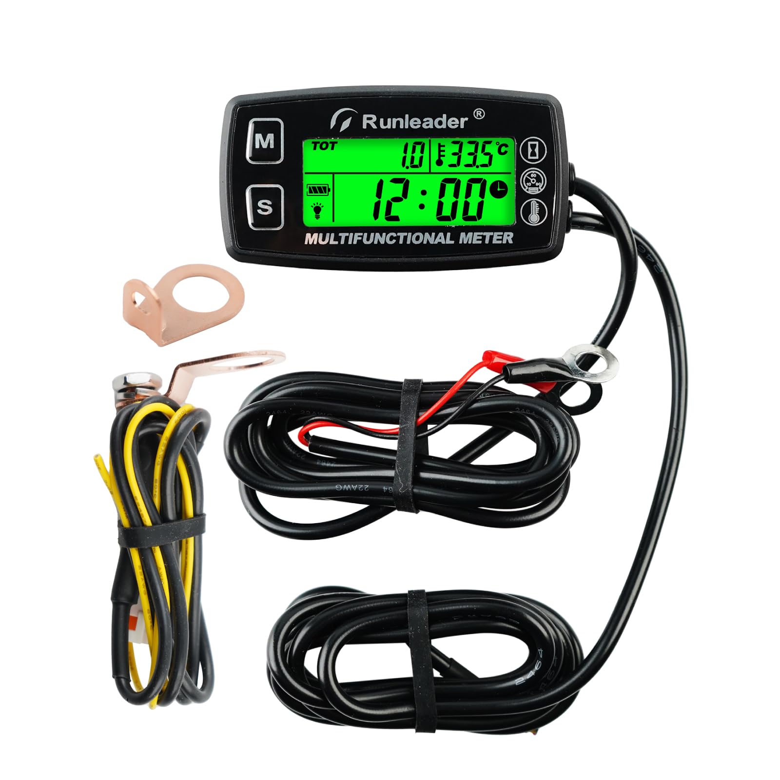 Runleader Indicador de Temperatura del Motor Digital, Tacómetro de Horas de Mantenimiento, Reemplazo de Batería y Fuente de Alimentación Externa de CC 5V a 30V para Motores de Gasolina,Cortacésped