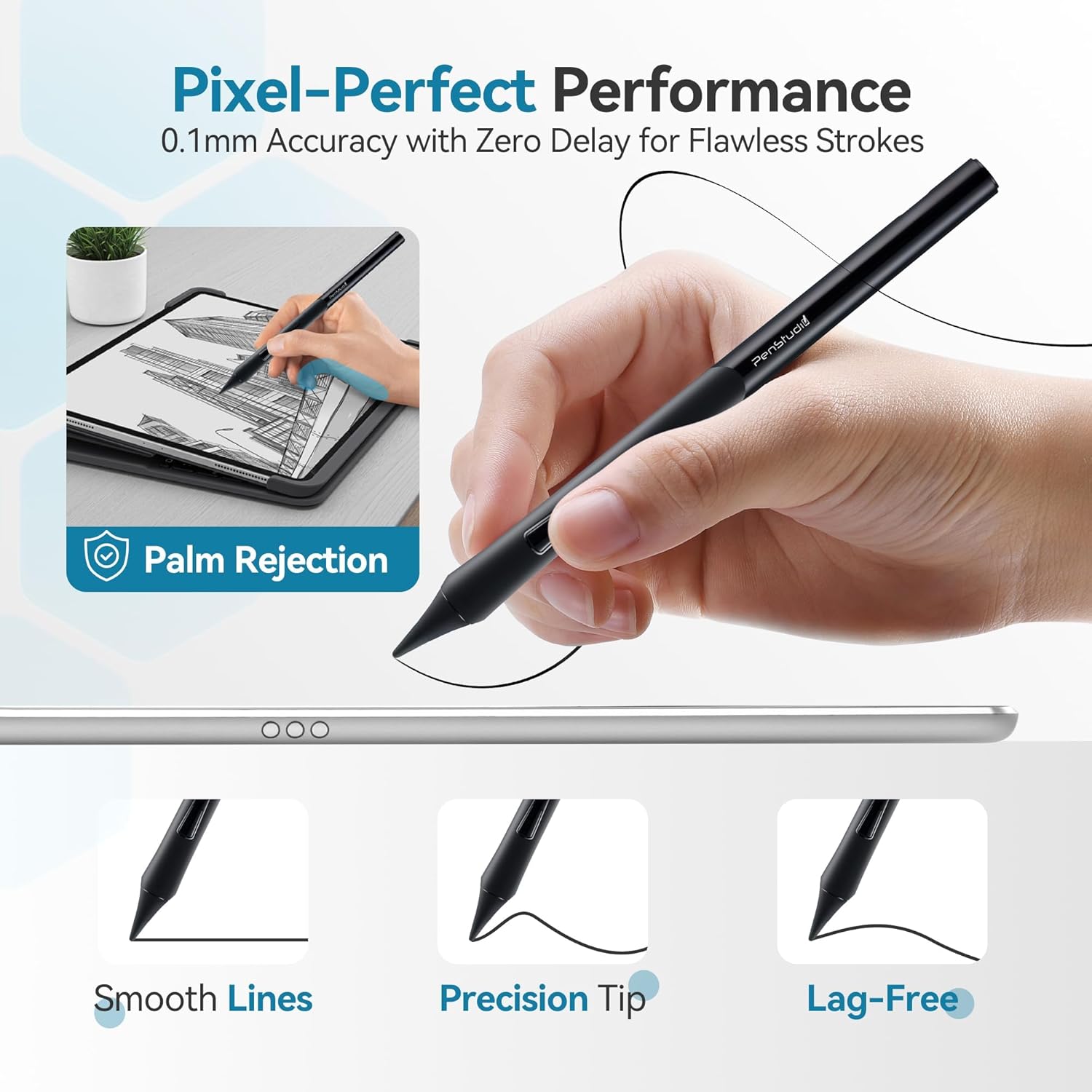 PSX Ergonomic Stylus Pen for iPad 2018-2025 - Patented Comfort Grip & Customizable Button Active Pencil with Find My Feature, 2X Fast Charge for iPad Air 5/4, Pro 11/12.9, Mini 6