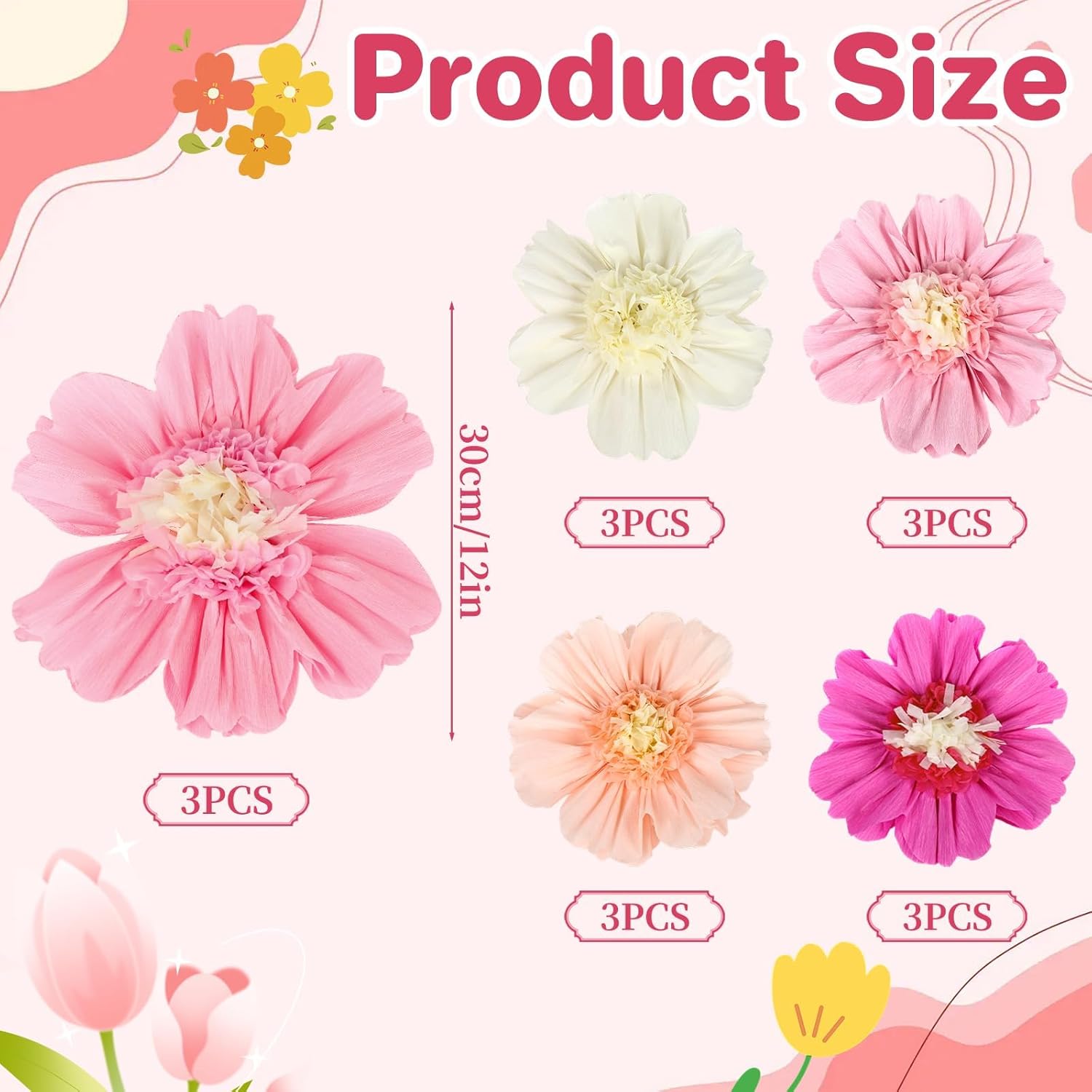 15Pcs Tissue Paper Flower,12" Large Crepe Tissue Fiesta Flowers,Handmade Colorful Giant Crepe Artificial Flowers Decorations for Wall,Valentine Birthday Wedding Backdrop Bridal Baby Shower