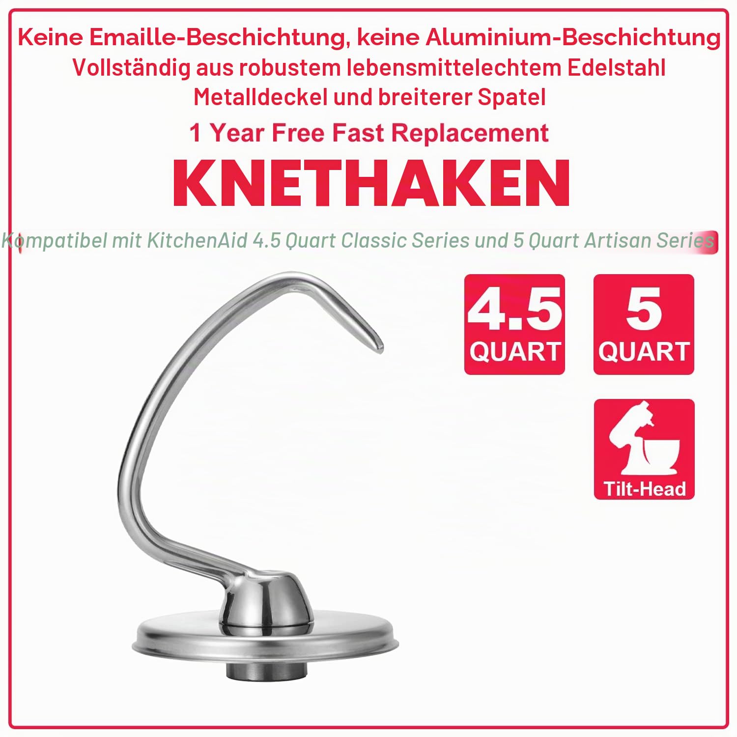 Knethaken aus Edelstahl für KitchenAid Standmixer, robust und spülmaschinenfest, passend für KitchenAid Classic und Artisan Serien