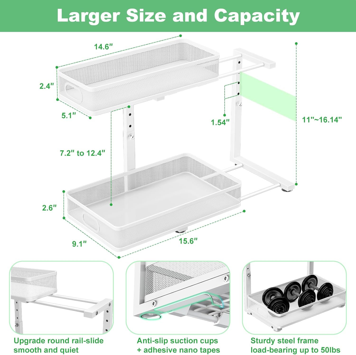 Under Sink Organizer, High Adjustable 2 Tier Under Sink Organizers and Storage, Slide Out Metal Cabinet Organizers, Pull Out Sink Storage Drawer Shelf for Kitchen Bathroom Cabinet, White, 1 Pack - Image 3