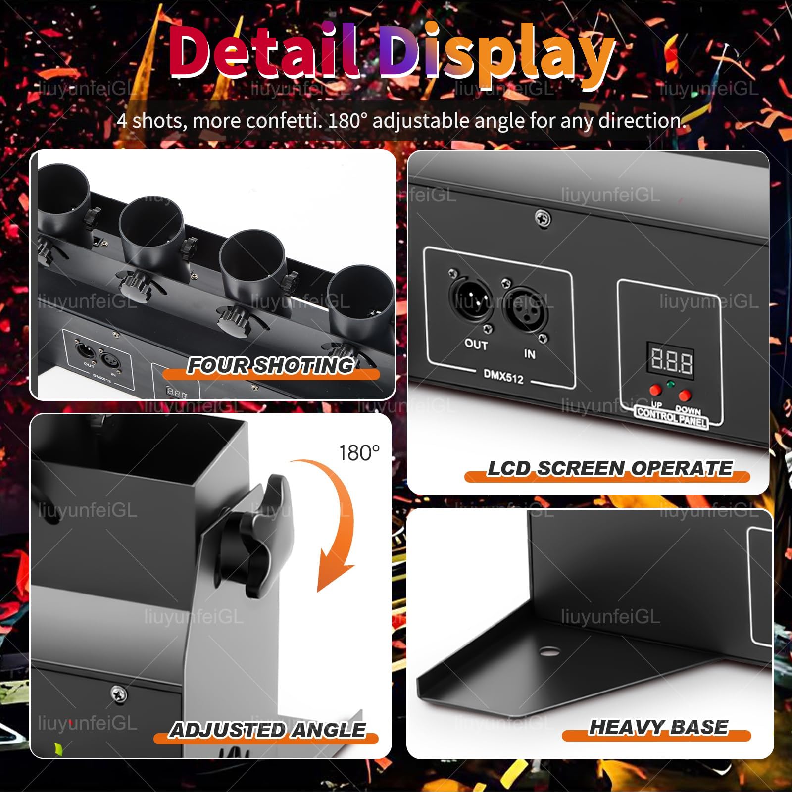 Macchina Lancia-coriandoli elettrica, Lancia-coriandoli a 4 Teste con Telecomando e DMX, Potente spara-coriandoli da 150 W, Perfetta per Discoteche, Matrimoni, palchi, concerti