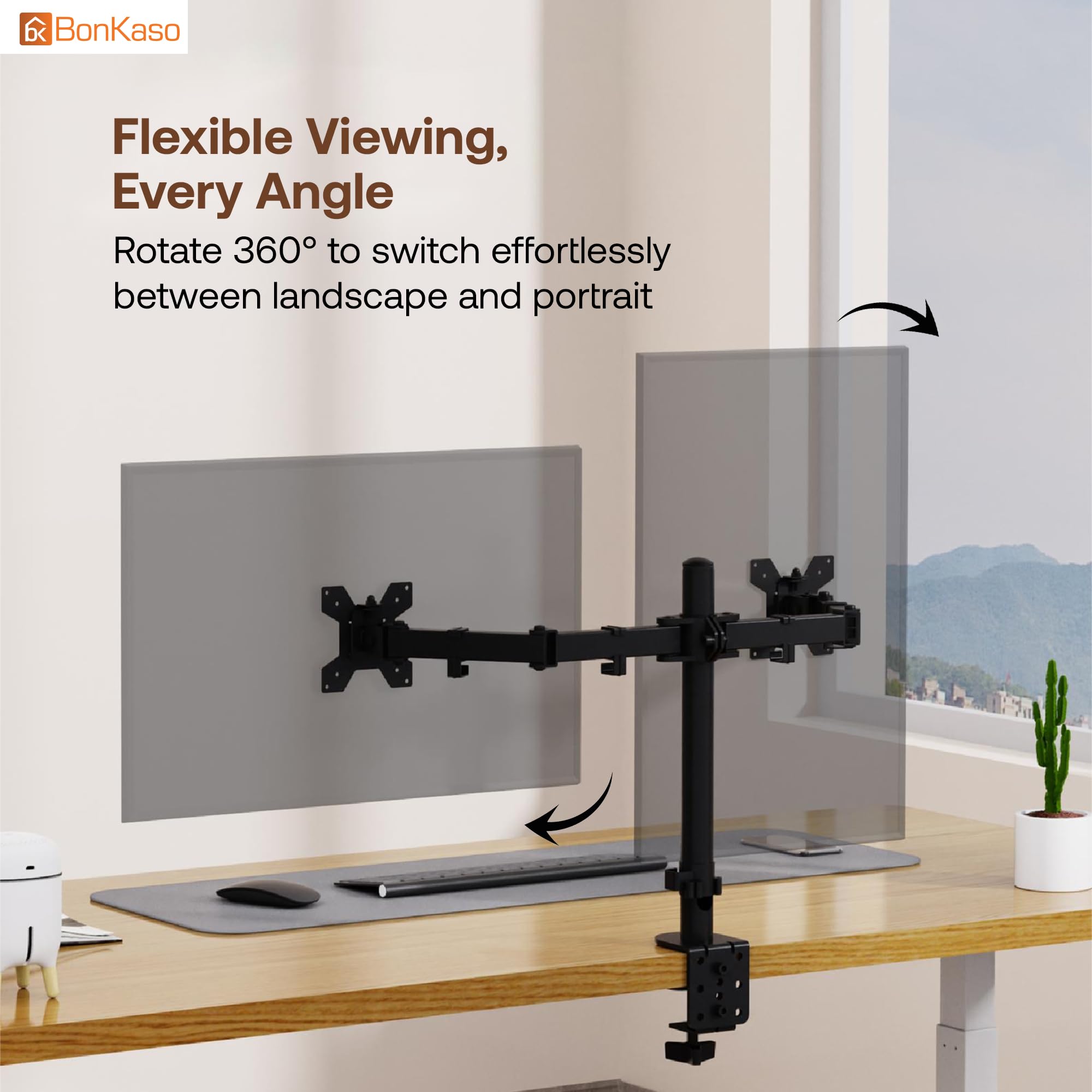 BonKaso Dual Monitor Stand for Desk | Height Adjustable Alloy Steel Arm Mount for 13”–27” Screens | 360° Rotation, Tilt & Swivel, Cable Management, Space-Saving Dual Arm Monitor Mount (Black & White) — Amazon image 3