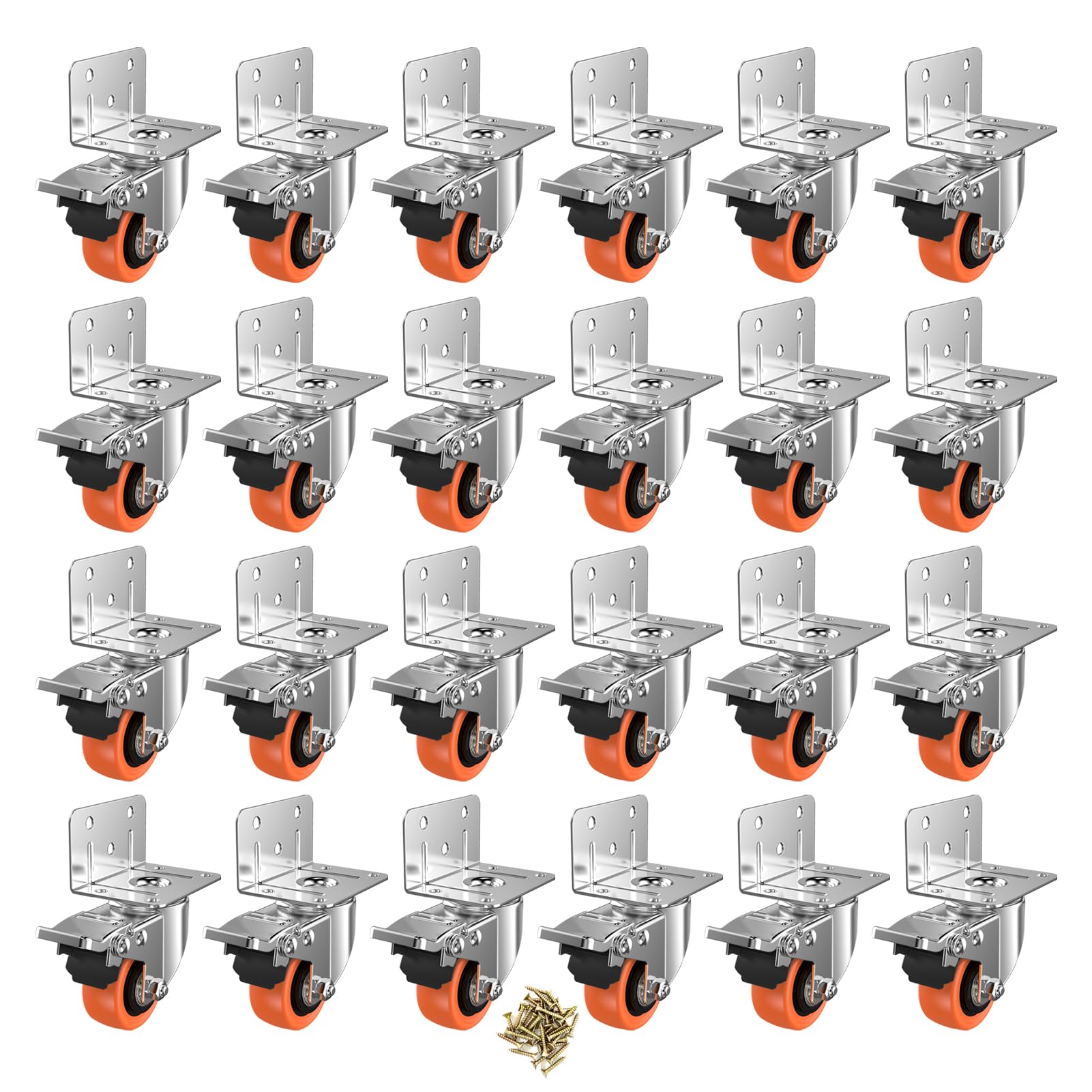 ASHGOOB 2" L-Shaped Caster Wheels Set of 24, Side Mount Swivel Casters | With Brake, Polyurethane Wheels, Non-Marking. 360° Double Ball Bearing. For