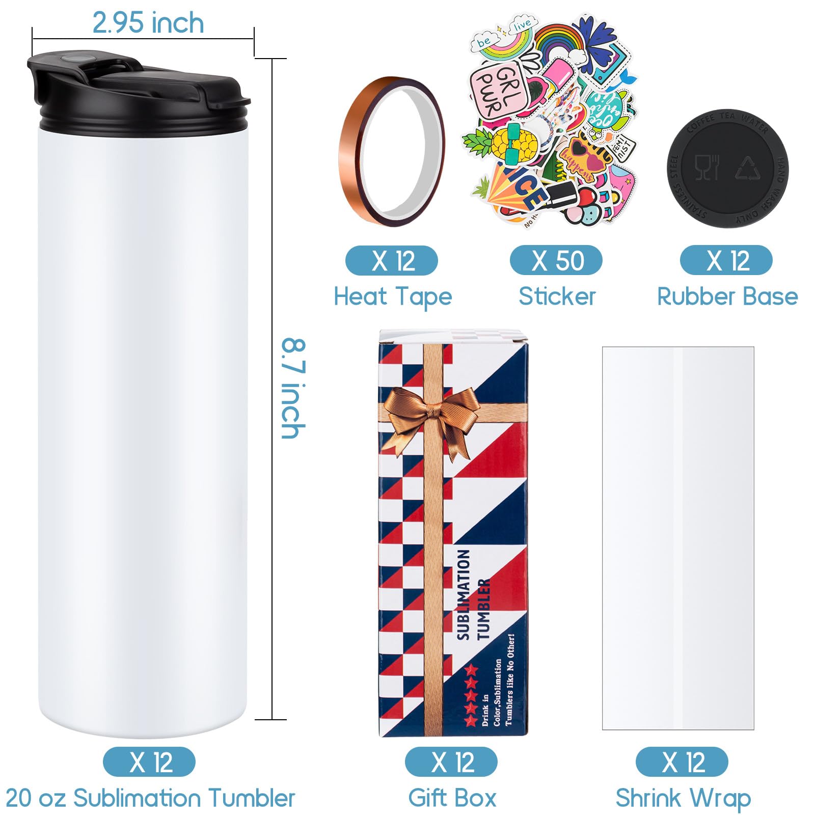 GRAUERHUND 12 Pack Sublimation Tumbler Blank 20 oz Straight Skinny, Sublimation Sport Water Bottles for Kid, with Gift Box, Shrink Wrap, and Lids