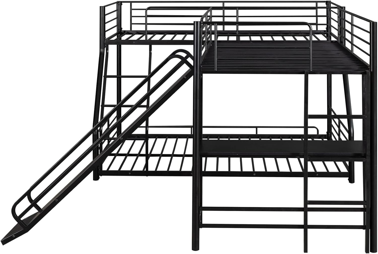 Bellemave Triple Bunk Beds with Slide L-Shape Low Bed Attached a Loft Desk Twin Over Full Metal Corner 3 for Three Kids Boys Girls Teens, Black