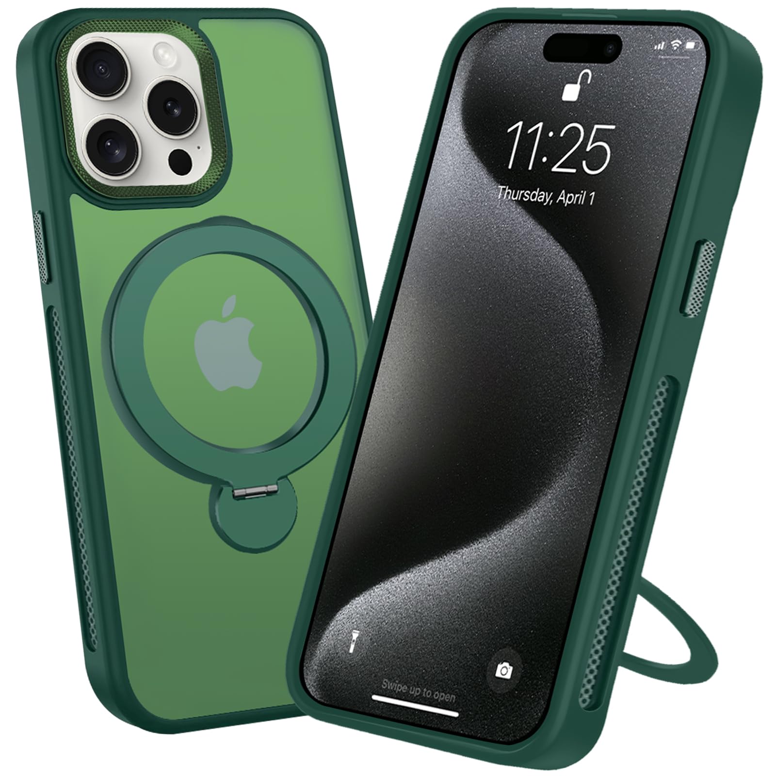 LONEINTIAN iPhone 15Pro ケース 360°回転スタンド MagSafe アイフォン15Pro 耐衝撃 リング カバー いpほね15Pro 米軍MIL規格 スマホケース リング付き タンド充電対応 車載ホルダー シェル放熱 グリーン