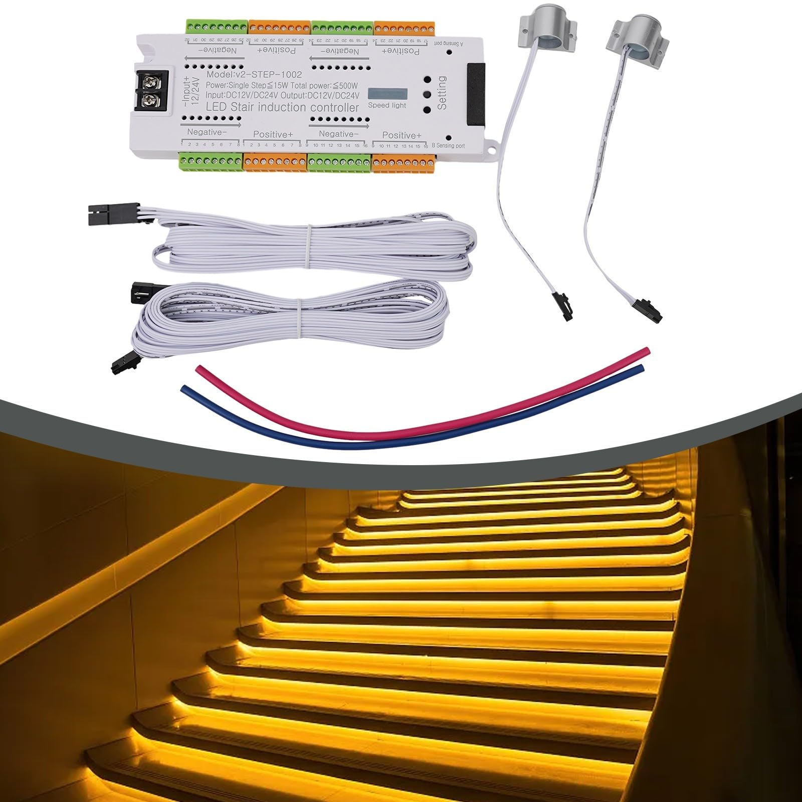Treppenlicht-Controller-Set, intelligenter Bewegungssensor, LED-Treppenbeleuchtung, 32 Kanäle, Anti-Auslauf-System, anpassbare Einstellungen, weiß, kabelgebunden, elektrisch, 5 m