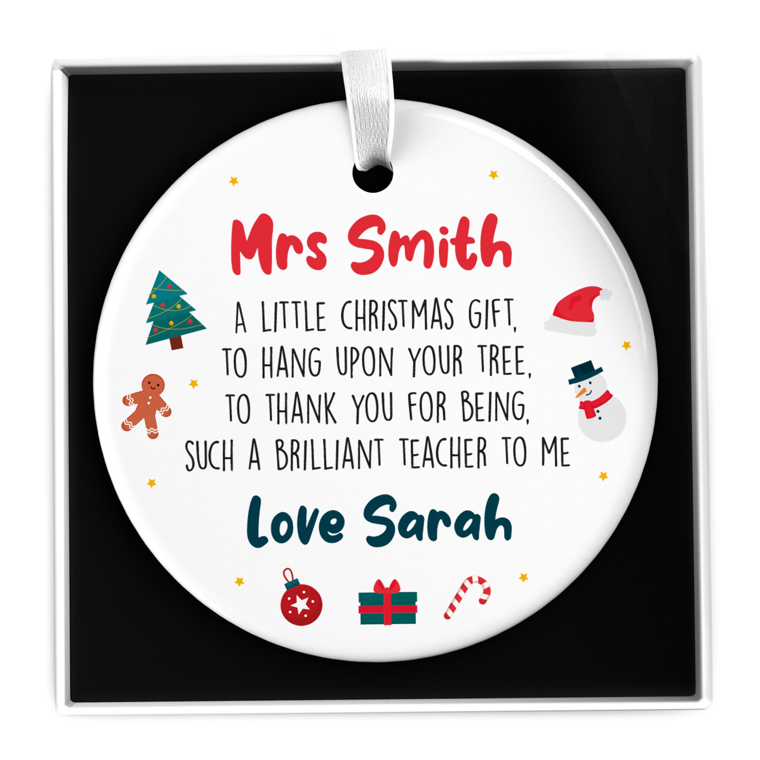Teacher Christmas Bauble Ornament Gift, Personalised Ceramic Xmas Decoration Keepsake for Teachers Nursery School, With Gift Box