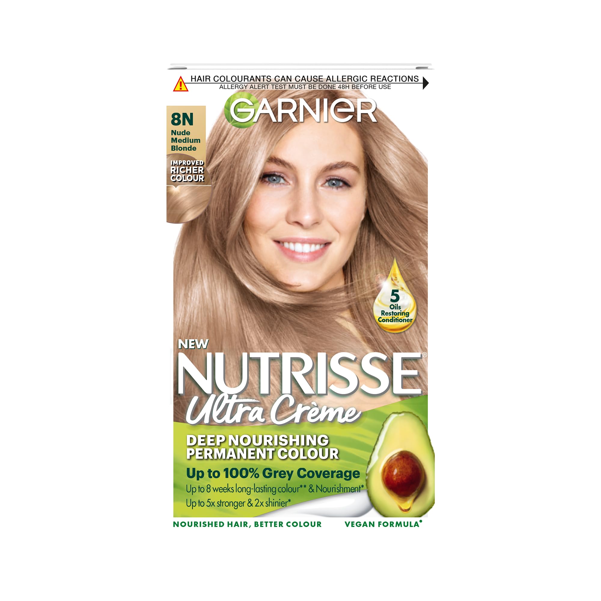 Garnier Nutrisse Permanent Hair Dye, Natural-looking, hair colour result, For All Hair Types, 8N Nude Medium Blonde