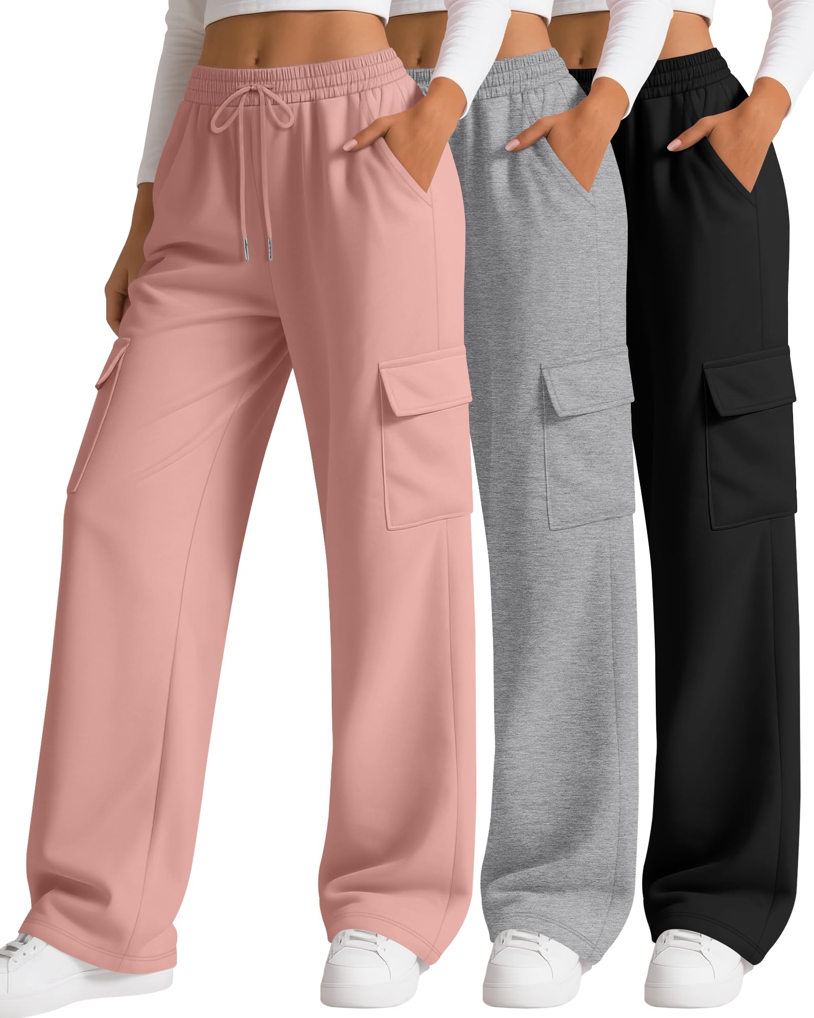 Neer Lot de 3 Jogging Cargo pour Femme Pantalon de Survêtement à Jambes Larges et Ample Décontracté et Sportif avec 4 Poches