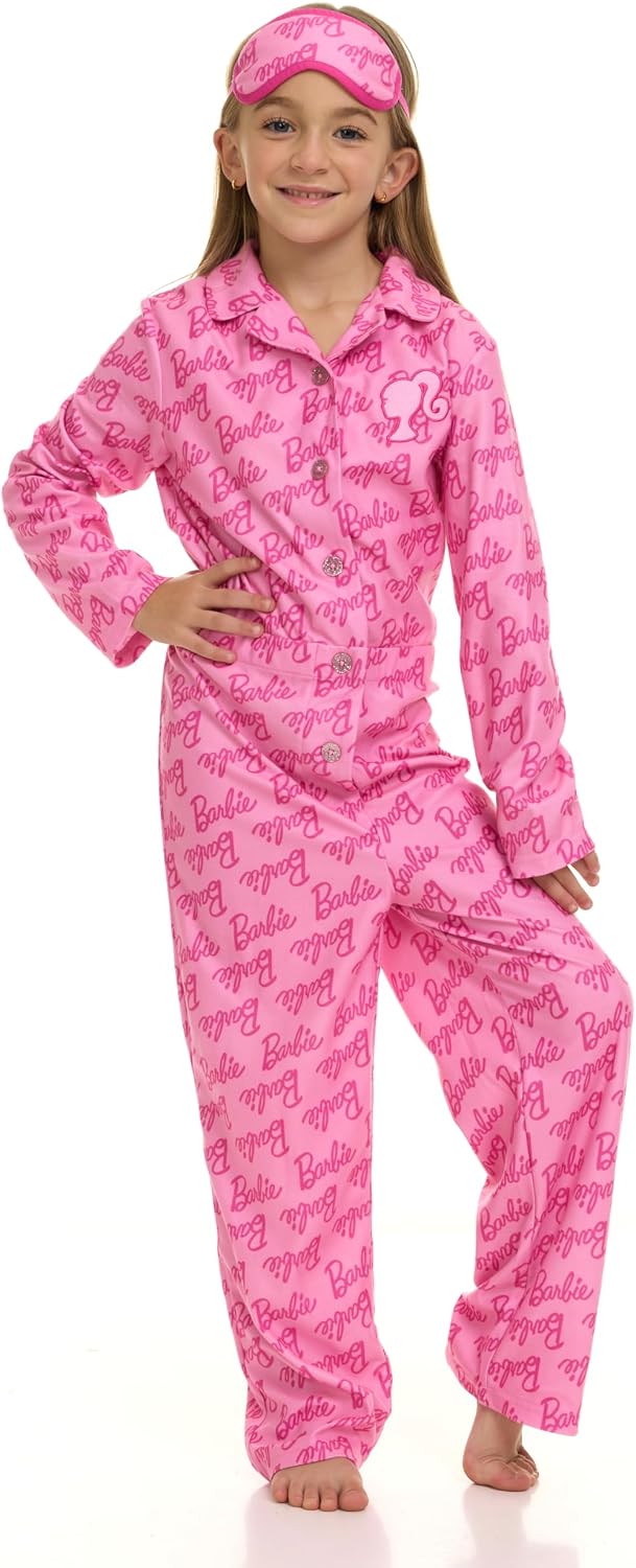 Barbie Girls Fleece Pajama Coverall and Sleep Mask PJs Set Little Kid to Big Kid Sizes (4-14-16)
