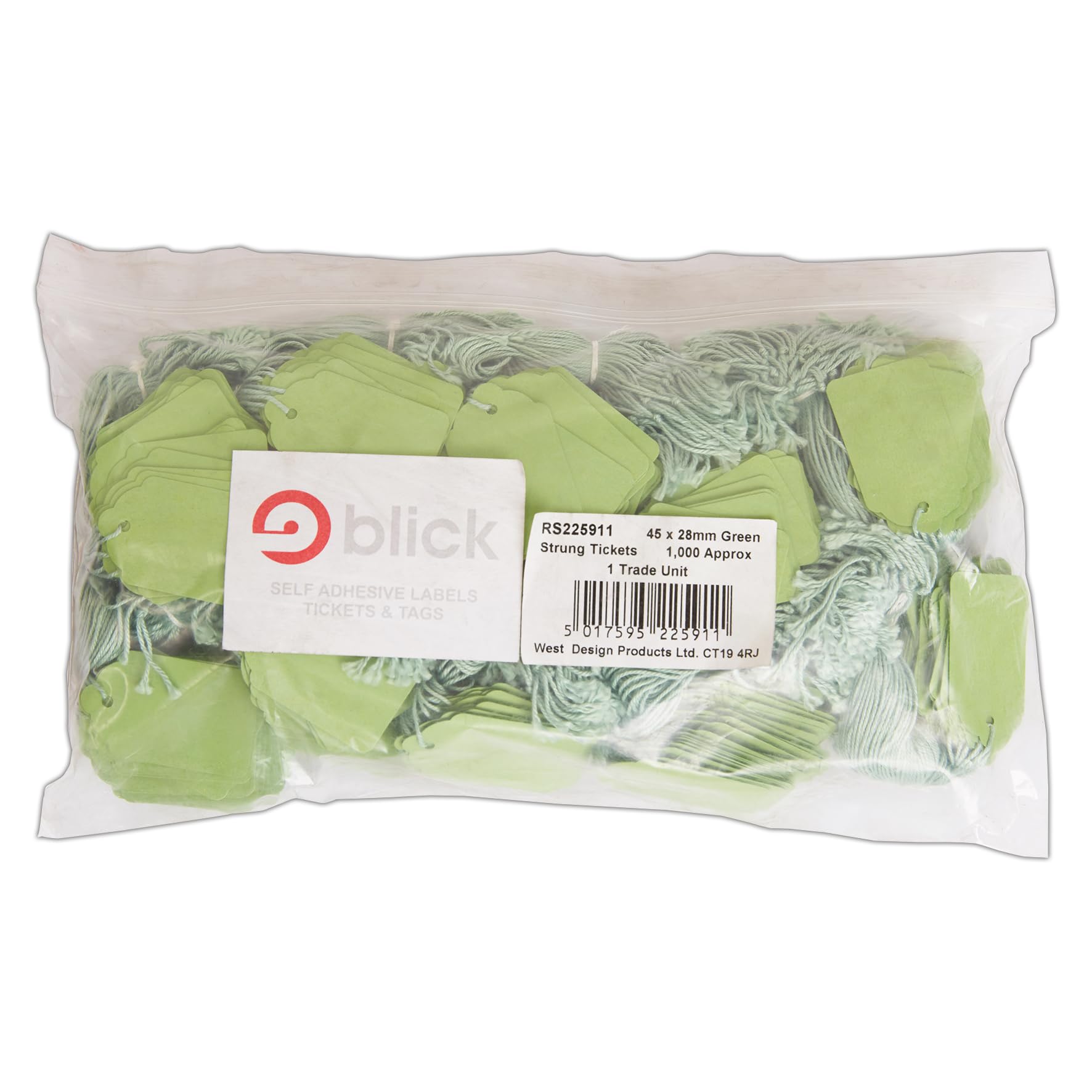 Blick Tags, Green, Strung, Rectangular, 45mm x 28mm, 1000 Labels, for Home, Office, Family, Colour Coding