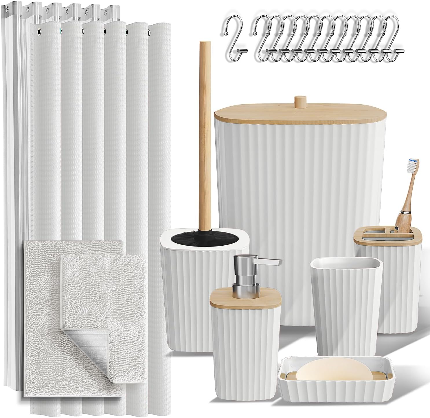 Clara Clark Bathroom Accessories Set - Bathroom Set, Bathroom Sets with Shower Curtain and Rugs, Shower Curtain Set with Bathroom Trash Can - White - 22PC