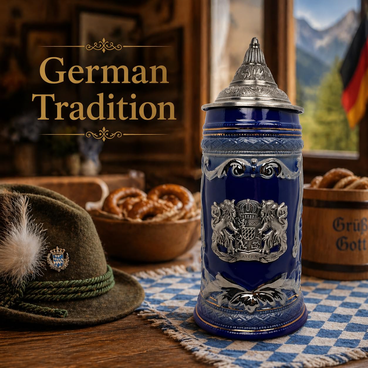 Tazza in ceramica blu cobalto da 1 litro con stemma del Bayern Germany inciso medaglione in metallo e coperchio in metallo ornato