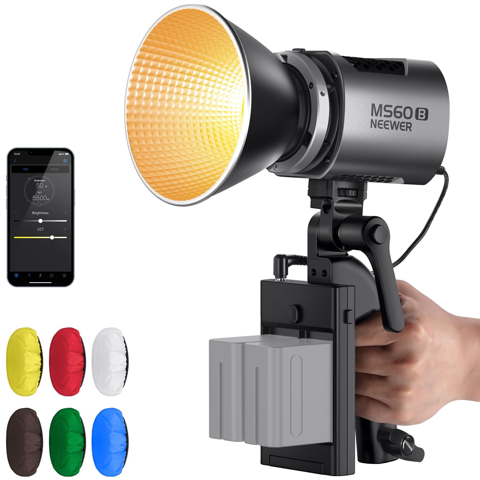 NEEWER MS60B Luce per Video con Kit 6 Diffusori Colorati, 65W Mini COB Controllo 2,4G/APP Bicolore 2700K-6500K Luci Studio Continua 40000lux/m, CRI97+ TLCI98+, 12 Effetti, Dimmer PWM, Bowens Mount