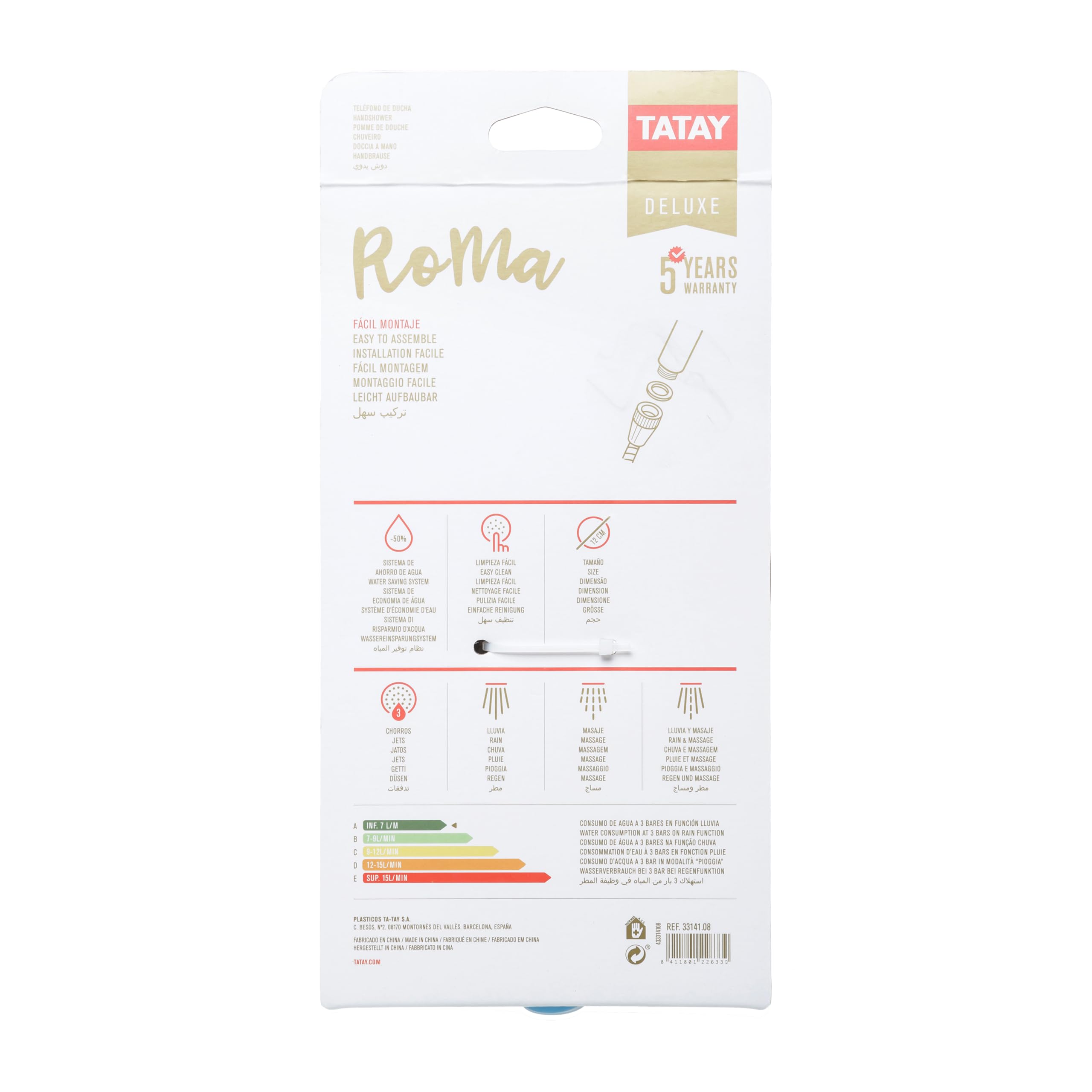 TATAY Multifunctional Hand Shower Roma, 3 Positions Pattern, 12 cm Diameter, Made of ABS, with Water Saving, Color Grey - Image 3