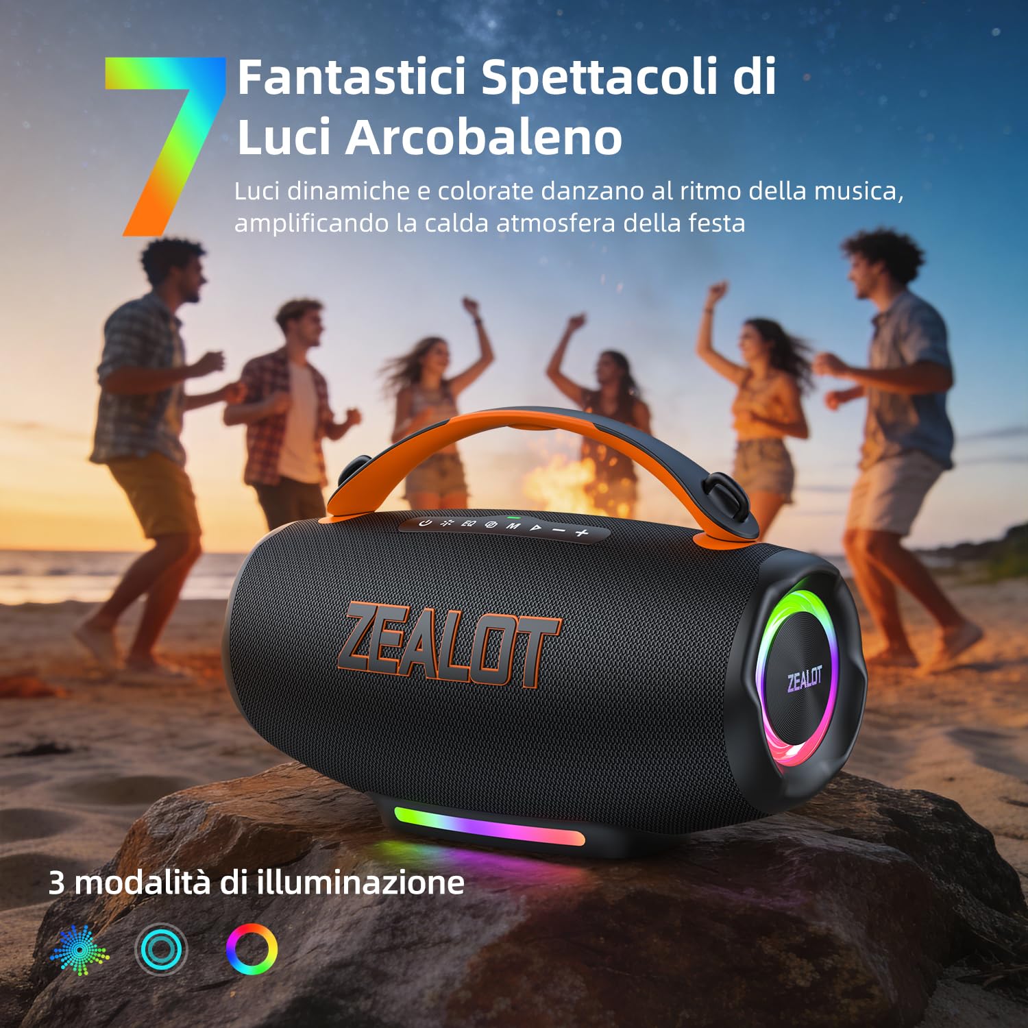Zealot Cassa Bluetooth portatile da 100W con Luce,24 ore di Riproduzione,Bluetooth 5.3,Impermeabilità IP56,Audio Stereo, AUX da 3,5 mm/TF/USB,Ricarica Type-C