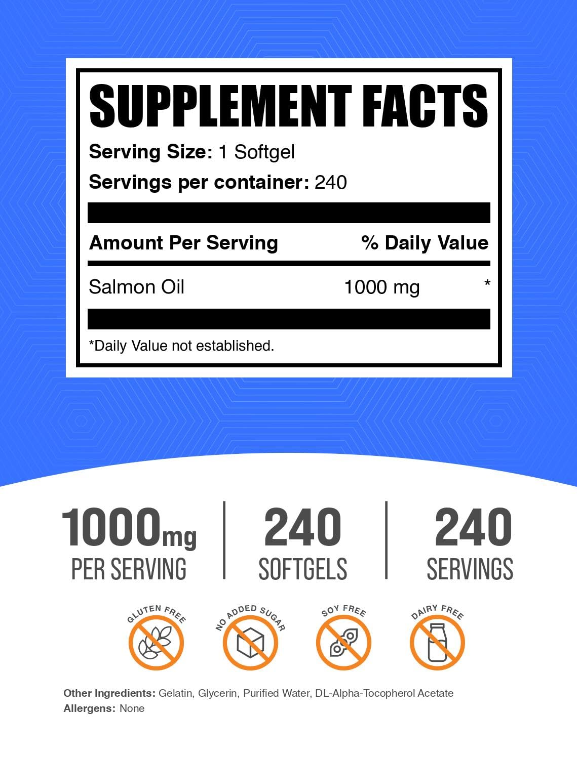 BulkSupplements.com Salmon Oil Softgels - Omega 3 Supplement, Wild Alaskan Salmon Oil Supplements - 1000mg, Gluten Free, 1 Softgel per Serving, 240 Count (Pack of 1) — Amazon image 2