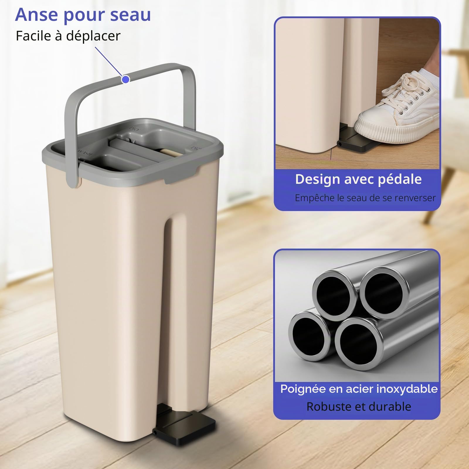 Balai serpillère avec seau plat rotatif à 360 ° avec 3 serpillères réutilisables 2 en 1, seau à serpentin mains libres pour nettoyer tous types de sols