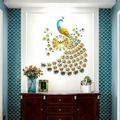 Miniatura 7 de Reloj de pared de pavo real de 8.26 pulgadas, moderno reloj de pared de lujo antiguo 3D de metal grande arte para el hogar, reloj grande de metal