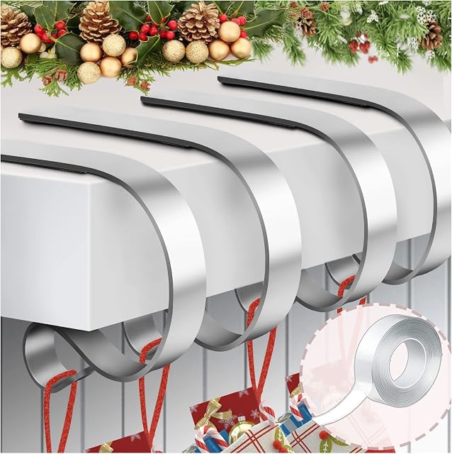 Esjay Christmas Stocking Holder for Fireplace, Set of 4 Stocking Hangers and a Nano Tape, Adjustable Non-Slip Stocking Hooks for Mantle(Sliver)